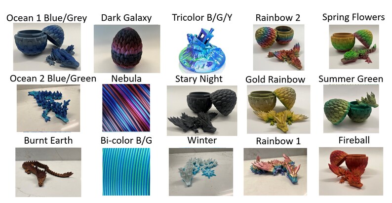 May include: A collection of 15 dragon egg-shaped containers with different color schemes, including ocean blue, dark galaxy, rainbow, spring flowers, nebula, starry night, gold rainbow, summer green, burnt earth, bi-color blue and green, winter, and fireball.
