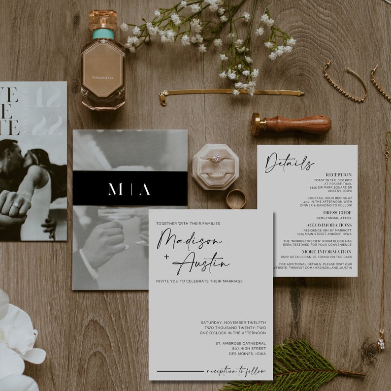 MODERN, The Madison minimalistische Hochzeitseinladungsvorlagen komplett anpassbar mit sofortigem Download Bild 1