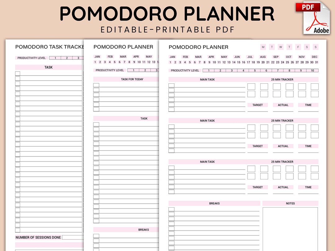 Simple Pomodoro Planner Printable, Productivity Planner, Time Tracker ...