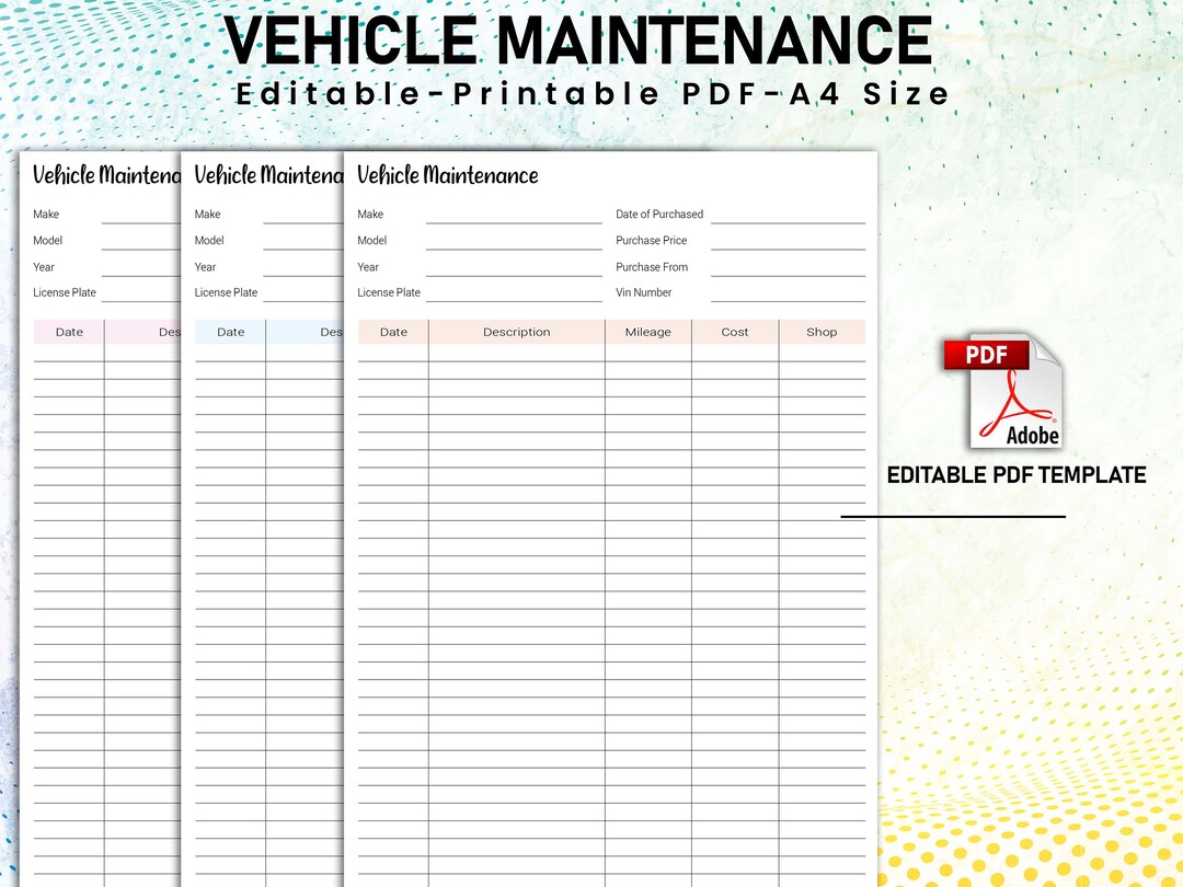 Vehicle Collection Log Editable Vehicle Maintenance Log Book, Vehicle Service Tracker, Vehicle ...