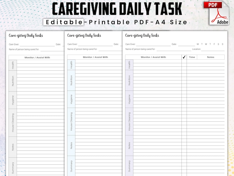 Editable Care Giving Caregiver Daily Task Editable Caregiving Plan