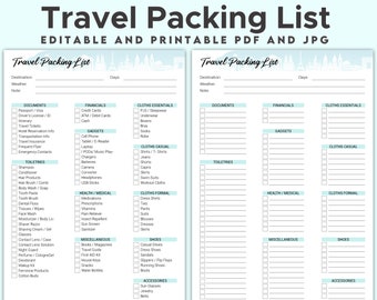 Editable Travel Packing List Travel Checklist Printable - Etsy