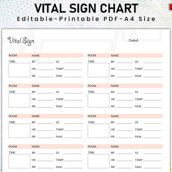 Editable and Printable Vital Sign Chart, Vital Sign Log, Vital Sign Tracker, Vital sign Sheet, nursing vitals sheet, Nursing Notes