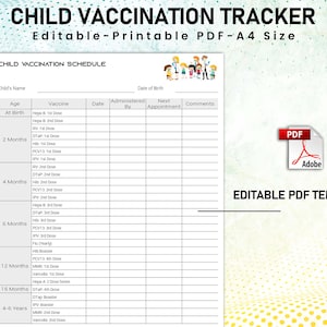Pode incluir: Um rastreador de vacinação infantil em PDF imprimível com um cronograma para registrar informações sobre vacinas. O documento inclui seções para o nome da criança, data de nascimento e um cronograma de vacinação detalhado. Modelo PDF editável.