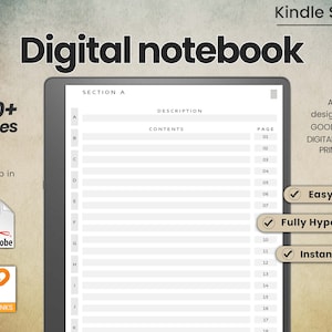 May include: Digital notebook for Kindle Scribe tablet. The image shows a digital notebook with over 250 pages, designed for Good Notes and digital planner printable. Features include easy to use, fully hyperlinked, and instant download.