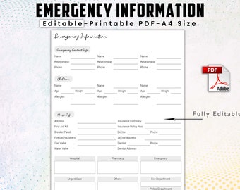 Editable Emergency Information Sheet, Emergency Contact Information, Emergency Contact Form, Medical and Emergency Information PDF Editable