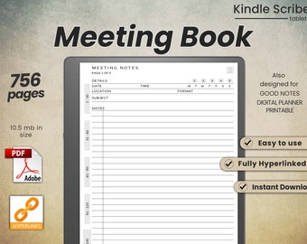 Livre de réunion Kindle Scribe, Planificateur Kindle Scribe, Modèles Kindle Scribe, Livre de réunion, Notes de réunion, PDF avec lien hypertexte, Planificateur de réunion