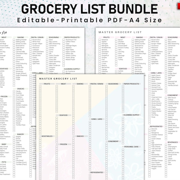 Editable and Printable Master Grocery List bundle, Online shopping, Master Shopping list, Digital Grocery Shopping list, Weekly Meal Planner