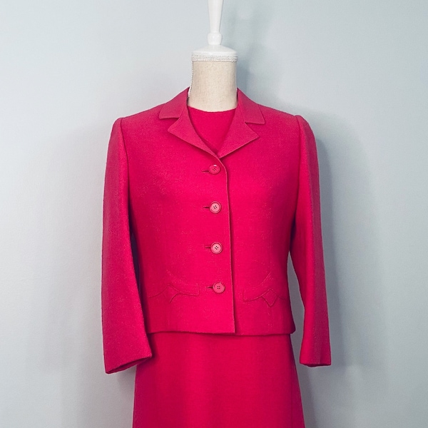 Bright Pink, 1960's, 100% Wool Dress and Jacket Suit Set.