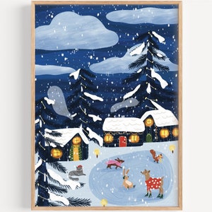 Winter Night With Friends Art Print | Winter Scenery, Cozy Poster, Kids Room Illustration