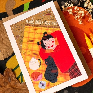toujours mieux ensemble carte de vœux | Illustration de soutien mental, cadeau d'anniversaire, cadeau d'automne pour amoureux, dessin de chats mignons