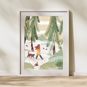 Winter walk with friend - Art Print, Illustration Print