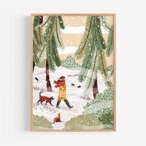 Winter walk with friend - Art Print, Illustration Print
