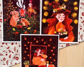 Trick or Treat! - Set of 3 Illustrations, Art Print, Halloween Drawings, Autumn Lovwers, Boundle