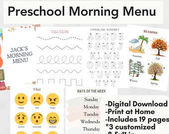 May include: A collection of printable preschool learning materials. The pages include tracing exercises, uppercase alphabet practice, and a seasons chart. The menu is titled "Preschool Morning Menu" and includes the text "Digital Download - Print at Home - Includes 19 pages - 8.5x11 in."