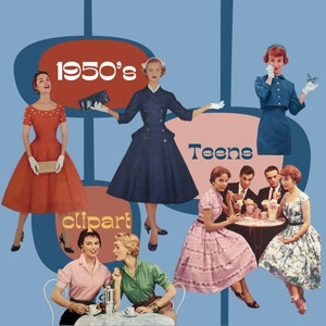 Paquete de imágenes prediseñadas de los años 50. Vestidos retro. Imágenes prediseñadas de moda de los años 50. Imágenes prediseñadas de adolescentes. Imágenes prediseñadas de adolescentes y mujeres jóvenes.
