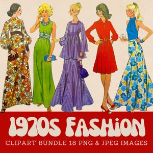 1970 年代のクリップアート 女性ファッション クリップアート バンドル グルーヴィーな 70 年代のレトロ ファッション クリップアート