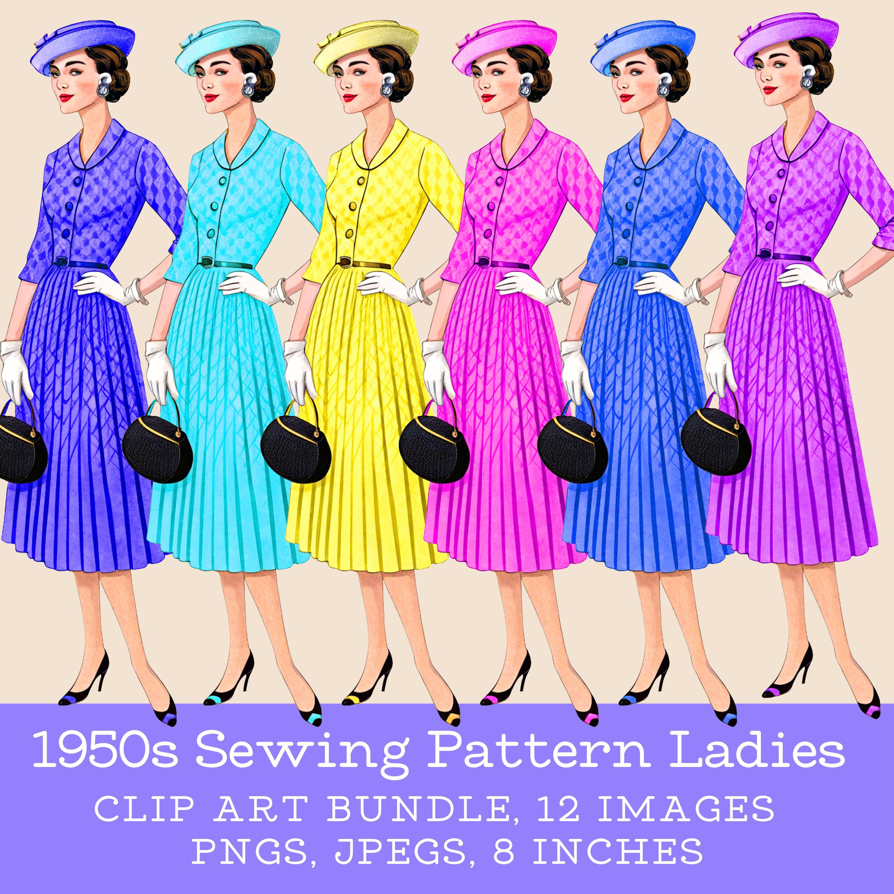 1950s Fashion Clipart Bundle: Midcentury Women, Sewing Patterns