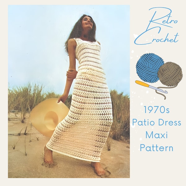 Robe longue au crochet des années 1970 pour femme pour la plage ou la piscine - crocheteurs expérimentés uniquement