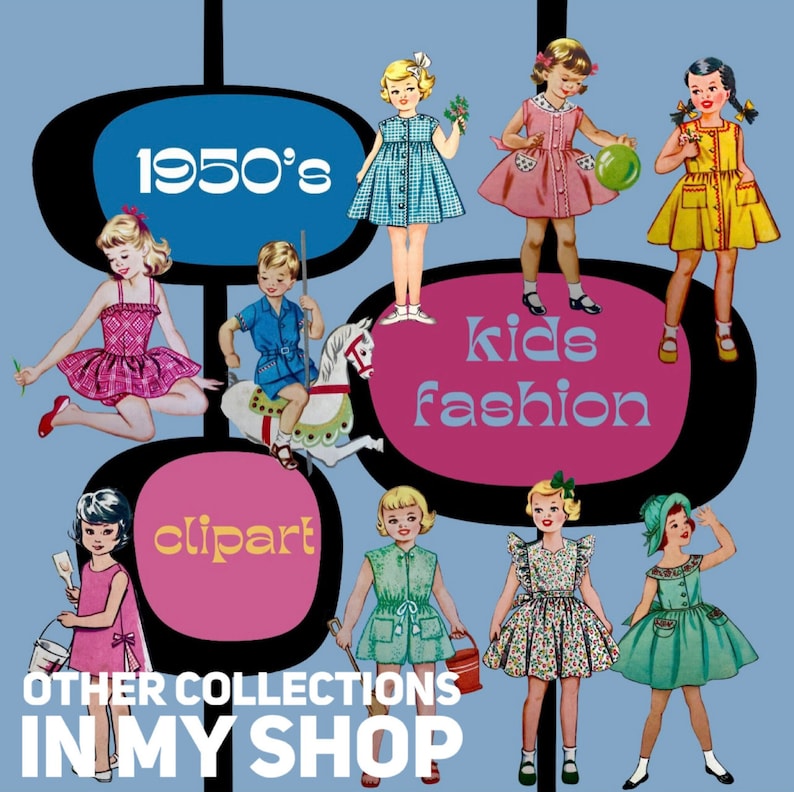 Op de afbeelding: Een digitale illustratie met 1950's kindermode clipart met diverse kinderen in kleurrijke vintage outfits, waaronder jurken en shorts, tegen een blauwe achtergrond met zwarte en roze ovalen en de tekst 1950's kids fashion.