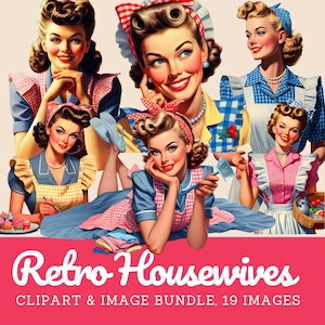 Paquete de imágenes prediseñadas de amas de casa retro en la cocina. Imagen PNG de esposa vintage. Descarga de imagen digital de ama de casa retro de los años 50.