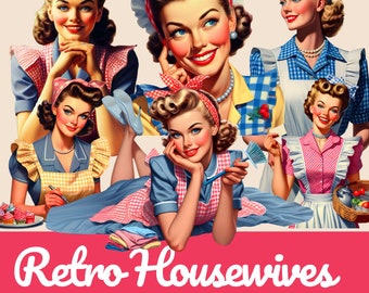 Retro Housewives in the Kitchen Clipart Bundle Vintage Wife PNG 1950s style retro housewife digital image download