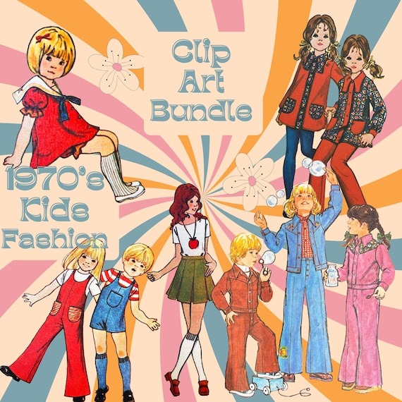 1970年代の子供向けクリップアートバンドル：ヴィンテージの子供向け