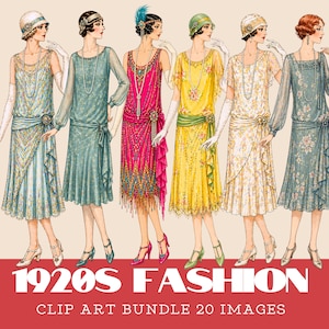 Puede incluir: Ilustración de seis mujeres con vestidos de moda de los años 20. Los vestidos son de varios colores, incluyendo azul, rosa y amarillo, con detalles y adornos intrincados. La imagen incluye el texto "1920s Fashion Clip Art Bundle 20 Images."