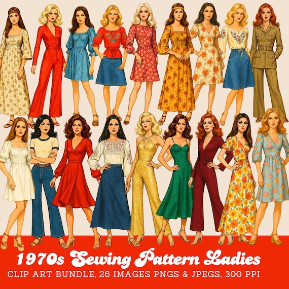 1970年代ファッションクリップアートバンドル：レトロな女性用裁縫