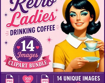 コーヒーを飲むレトロな女性のイラスト150点セット、帽子をかぶった