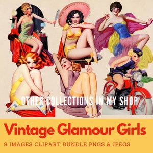 K&ouml;nnte beinhalten: Eine Sammlung von Illustrationen im Vintage-Stil mit f&uuml;nf Frauen in verschiedenen Posen, darunter eine auf einem roten Motorrad. Der Text lautet OTHER COLLECTIONS IN MY SHOP, Vintage Glamour Girls und 9 IMAGES CLIPART BUNDLE PNGS & JPEGS.