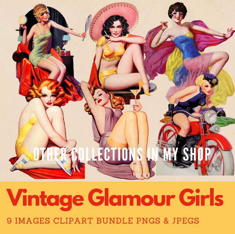 K&ouml;nnte beinhalten: Eine Sammlung von Illustrationen im Vintage-Stil mit f&uuml;nf Frauen in verschiedenen Posen, darunter eine auf einem roten Motorrad. Der Text lautet OTHER COLLECTIONS IN MY SHOP, Vintage Glamour Girls und 9 IMAGES CLIPART BUNDLE PNGS & JPEGS.