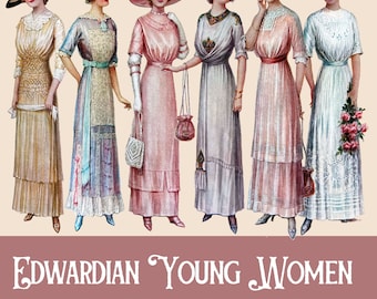 Edwardiaanse vrouwen Clip Art-bundel: vintage mode-ephemera (PNG, JPEG)