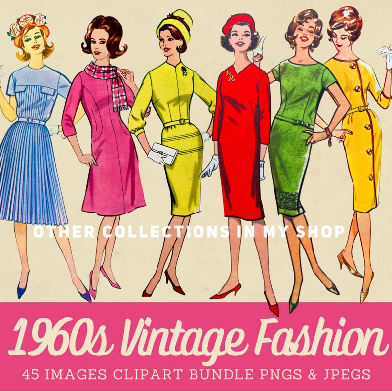 1960s women's fashion digital images, 1960s Australian fashion clipart, 1960s fussy cut fashion images