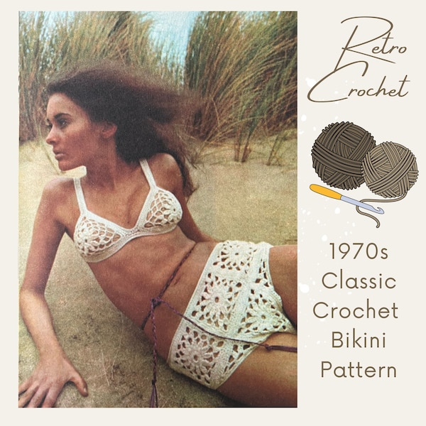 Retro Crochet Bikini Pattern 1970s Easy to crochet Two Piece Swimsuit