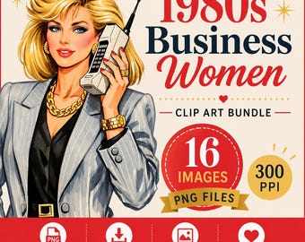 80s Fashion Clipart Bundle: Retro Business Ladies with 1980s Mobile Phones Illustration (Digital Download)