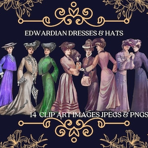 May include: A collection of 14 digital clip art images of women wearing Edwardian dresses and hats. The images are in a watercolour style and feature a variety of colours and patterns.