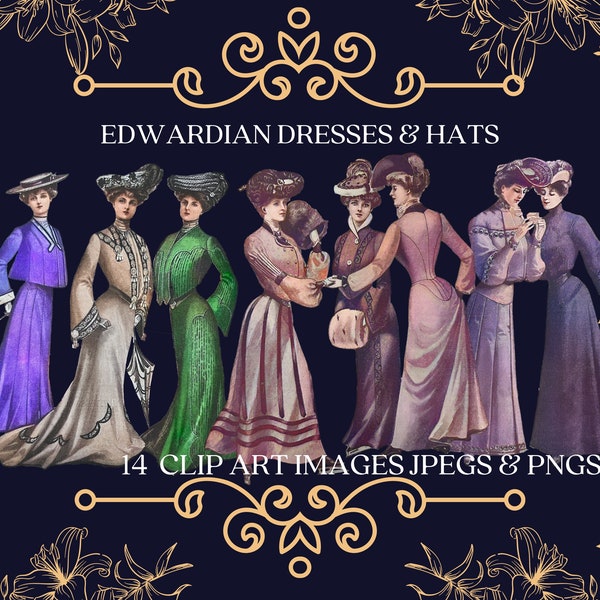 Edwardian Fashion Clipart Bundle - dresses hats muffs skates Edwardian ladies Images