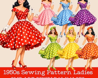 1950s Fashion Dress Clipart: Vintage Polka Dot Dresses (Digital Download)
