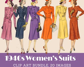 1940s Fashion Clipart Bundle: Vintage Women's Suits, Dresses (PNG, JPEG Digital Download)