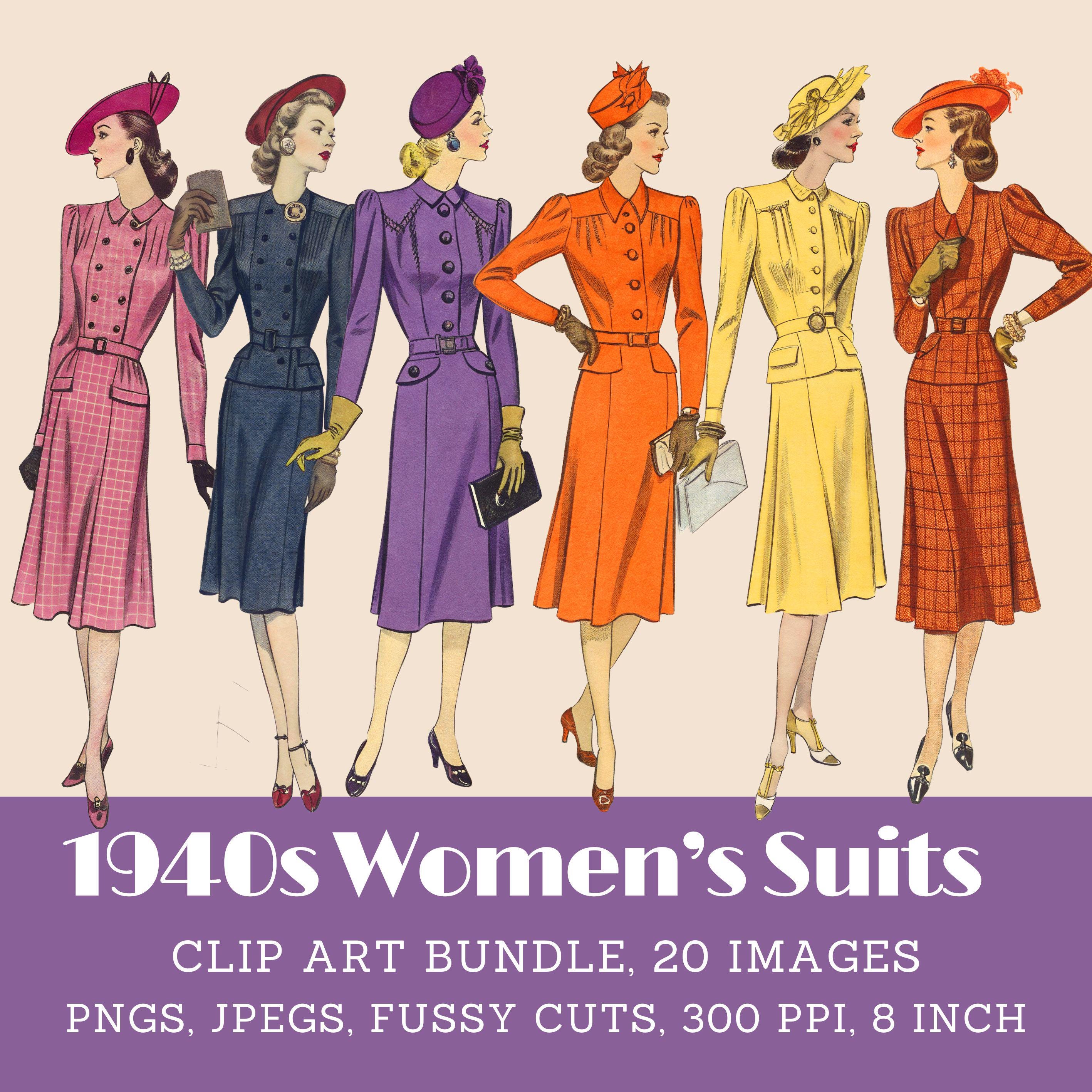 1940s Fashion Clipart Bundle: Vintage Women's Suits, Dresses (PNG