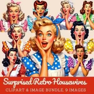 Pacote de Clip Art de Mulheres dos anos 1950 com aparência de surpresas Cortes extravagantes de mulheres dos anos 1950 Imagens digitais divertidas de donas de casa retrô para uso comercial