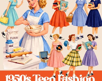 1950s Fashion Clipart Bundle: Retro Teen Dresses - Vintage Teenager (Digital Download)