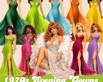 70s Fashion Clipart Bundle: Retro 70s Evening Gown Graphics (Commercial Use)