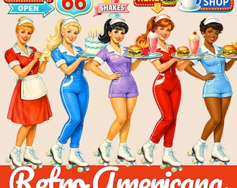 Retro Diner Waitress Clipart Vintage Roller Skating Americana Clipart Bundle Ephemera Digital Download Commercial Use