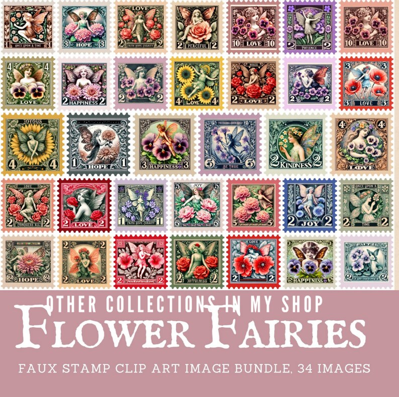 flower fairy faux stamps, flower fairies in stamp design
