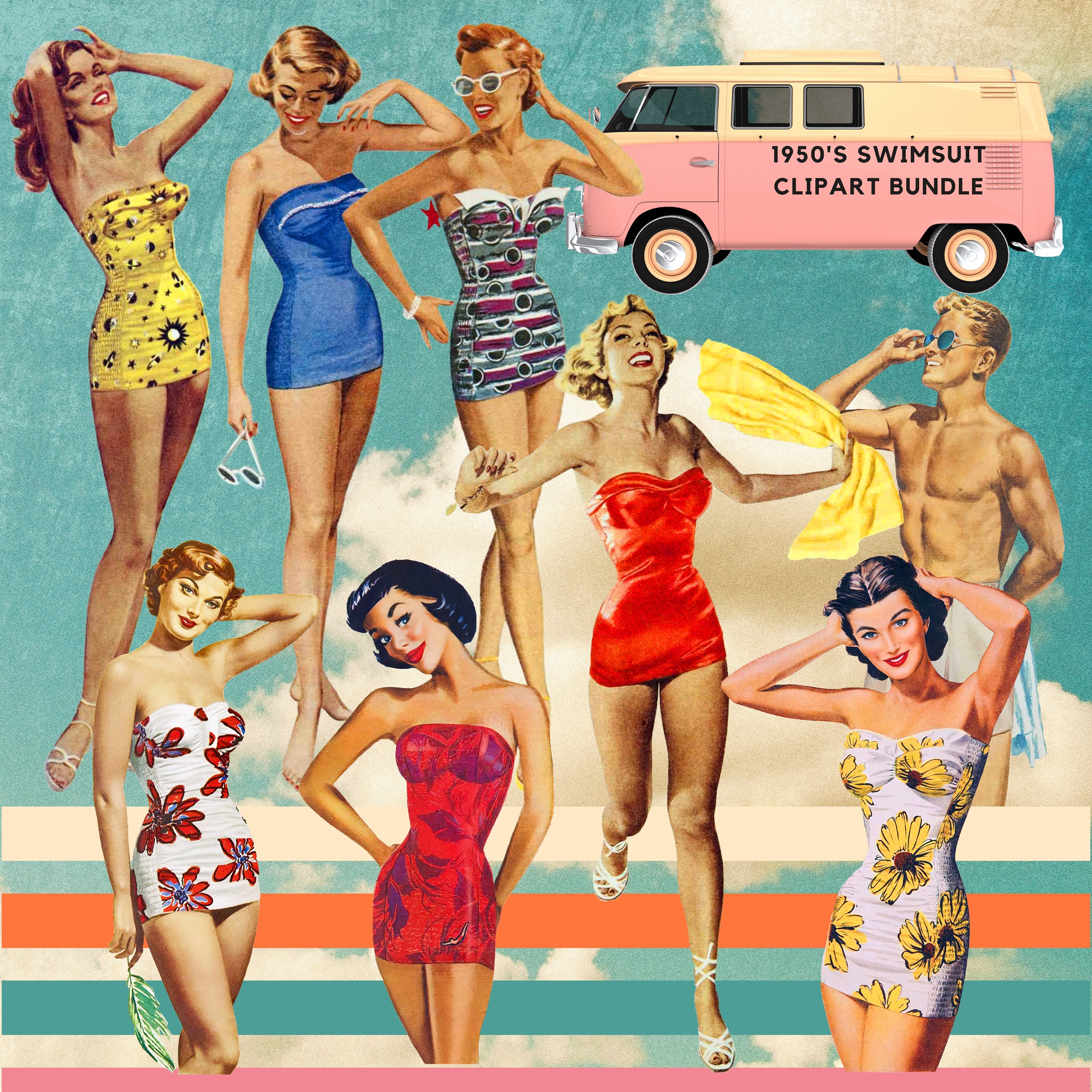 1950s Swimsuits PNG Retro Beachwear Vintage Swimming Costume Clipart 