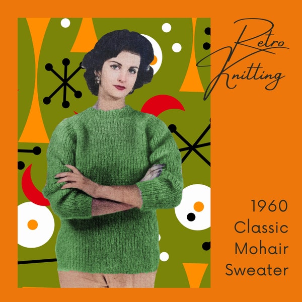 Woman's Mohair Sweater Retro Fisherman's Rib Jersey Knitting Pattern from 1960s