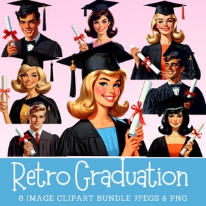 Paquete de imágenes prediseñadas de graduación retro, imágenes prediseñadas de graduados vintage, descarga de imágenes digitales universitarias retro de los años 60, uso comercial
