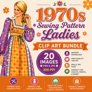 Pacchetto di clipart di moda anni '70: immagine di un modello di cucito retrò (download digitale)